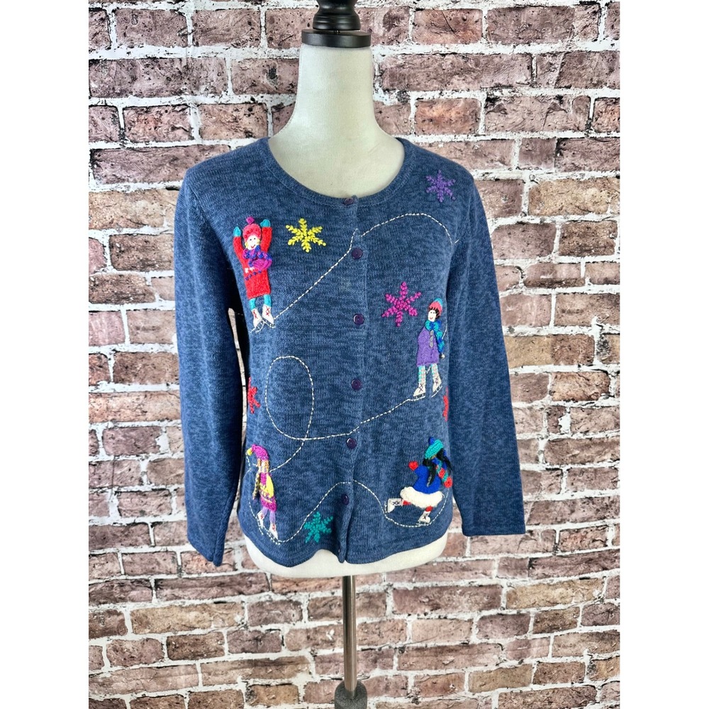 Classics‎ by Marisa Christina Women's Blue Embroidered Ice Skater Sweater Size S